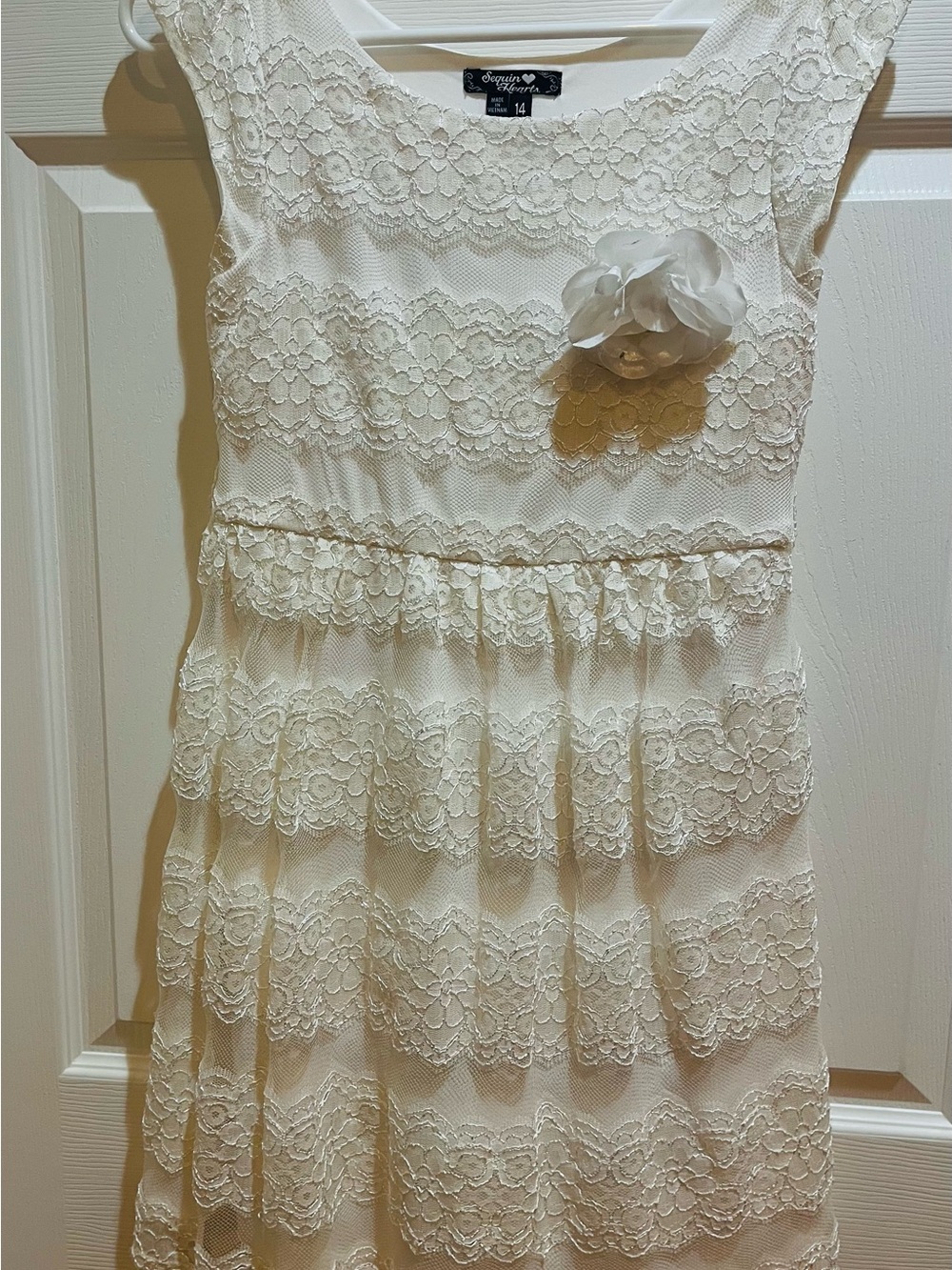 Sequin Hearts White Lace Tiered Dress with Floral Accent